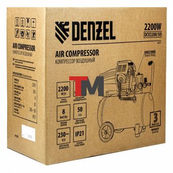 Компрессор воздушный DCV2200/50, прямой привод, 2.2 кВт, 50 литров, 380 л/мин Denzel