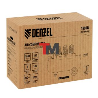 Компрессор безмасляный, малошумный DLS 1800/100,1800 Вт, 3x600, 100 л, 345 л/мин// Denzel