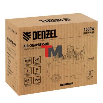 Компрессор безмасляный, малошумный DLS 1500/50, 1500 ВТ, 2x750, 50 л, 260 л/мин// Denzel
