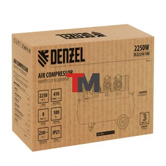 Компрессор безмасляный, малошумный DLS 2250/100, 2250 Вт, 3x750, 100 л, 410 л/мин блок управления/ Denzel