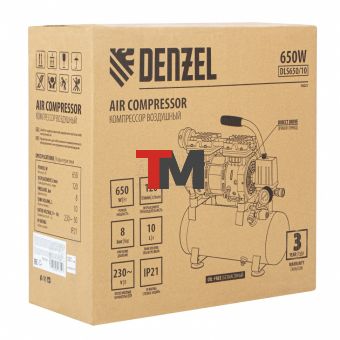 Компрессор DLS650/10 безмаслянный малошумный 650 Вт, 120 л/мин, ресивер 10 л Denzel