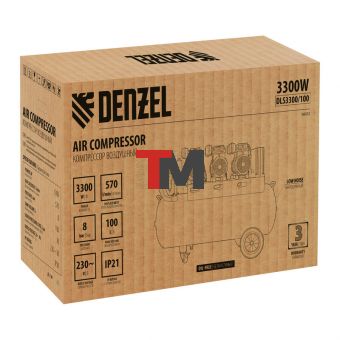 Компрессор безмасляный, малошумный DLS 3300/100, 3300 Вт,3x1100, 100 л, 570 л/мин ,блок управления// Denzel